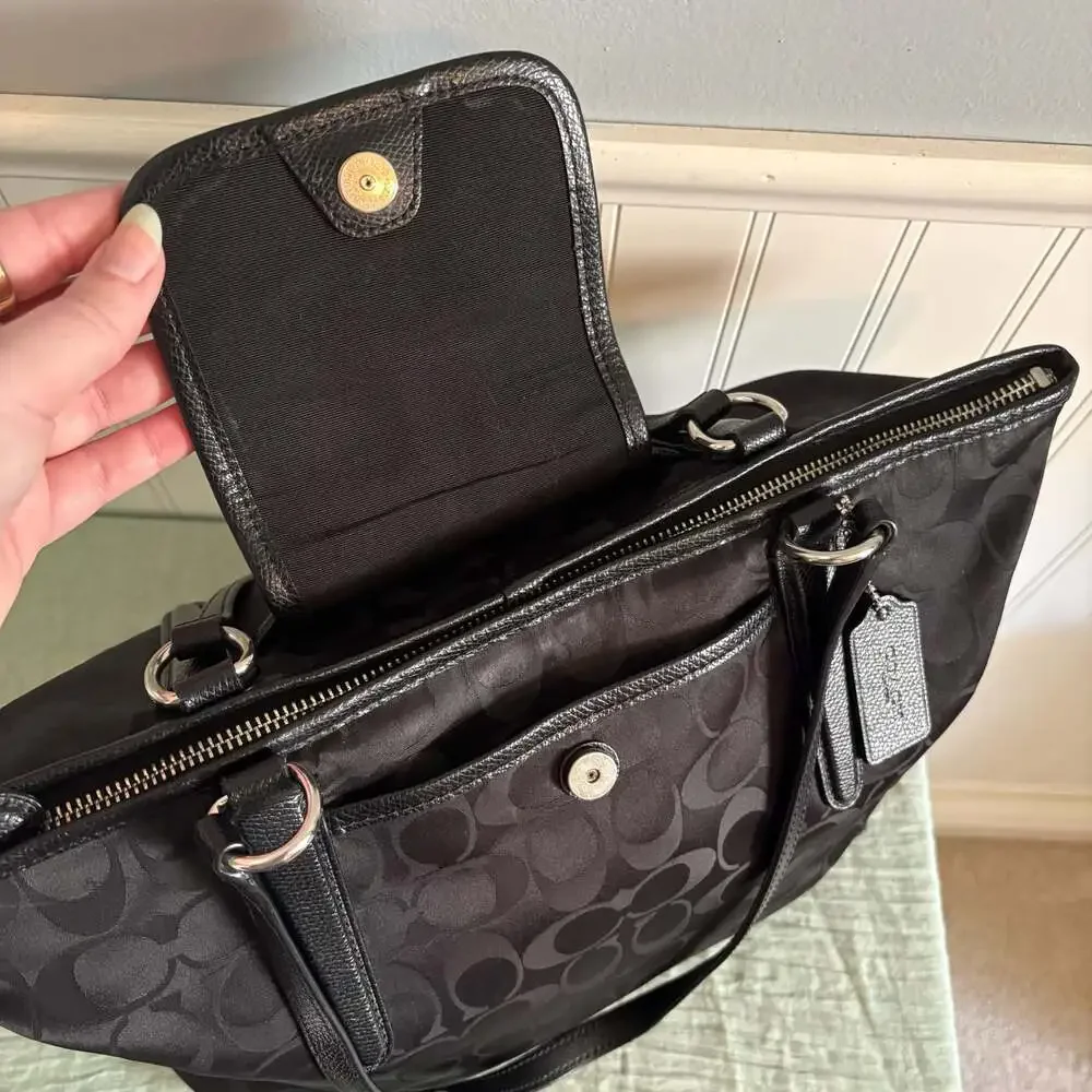 Coach Black Signature C Nylon Tote with Leather Trim and Flap Pocket